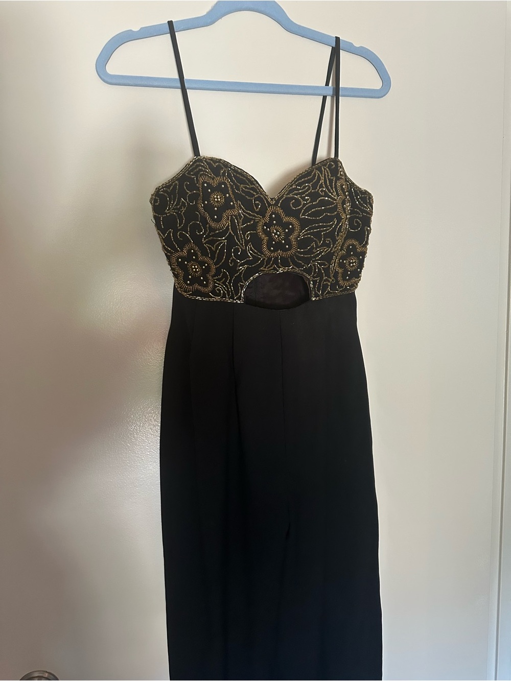 Vintage Late 70s/Early 80s Black Wide Leg Jumpsuit w/ Gold Beaded Embellishment